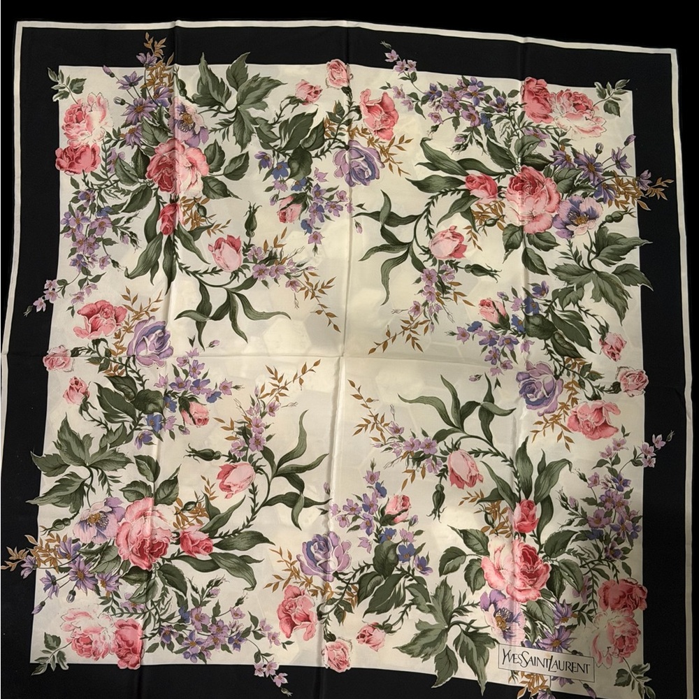 Yves Saint Laurent Floral Silk Square Scarf - Pink, Purple & Green on Cream